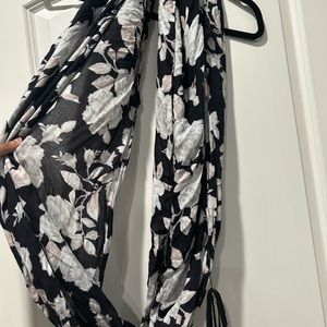 Black, white, and blush floral infinity scarf with tassels